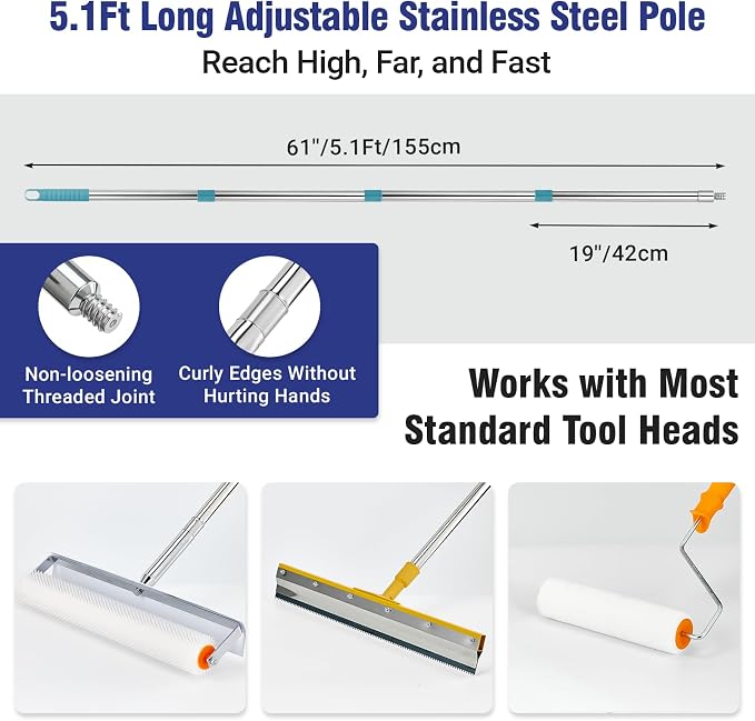 Self Leveling Concrete Tools, Spiked Roller for Self Leveling | with Adjustable 5.1ft Pole, Garage Floor Epoxy Kit with Cement Leveling Rake, Spike Shoes for Epoxy Flooring