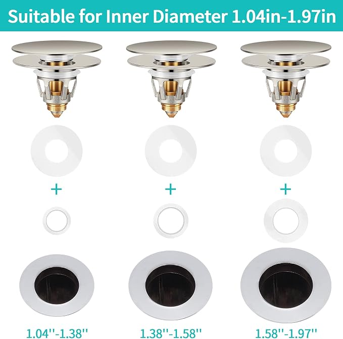 Universal Bathroom Sink Stopper with Hair Catcher, for 1.04-1.97 Inch Drain Hole, Spring Core Bathtub Drain Cover, Pop Up Sink Plug Basin Drain Strainer, Large Lid Brushed Nickel