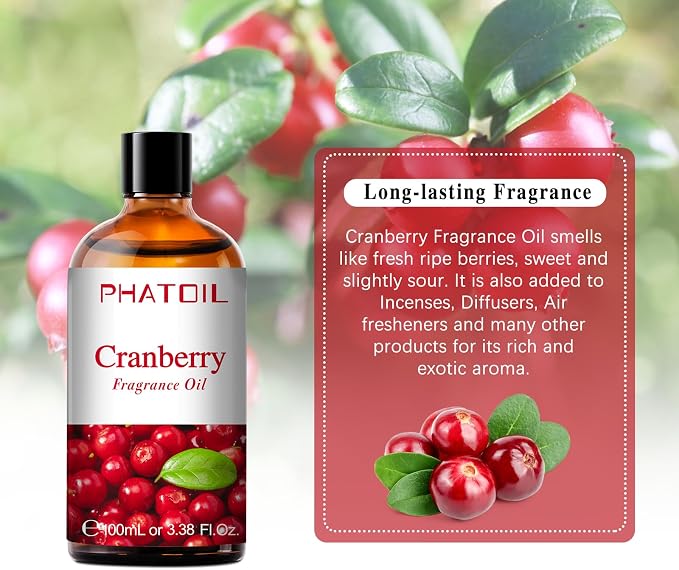 PHATOIL Cranberry Fragrance Oil for Diffuser Aromatherapy 3.38FL.OZ | Long Lasting Scented Oils For Humidifier, Air Freshener, DIY Soap Candle, Scent Project Making, Aroma Oil for Home Freshening