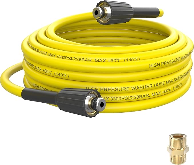 PVC Pressure Washer Hose 25 FT x 1/4", Kink Resistant Power Washer Hose, High Pressure Water Hose Extension Replacement for Home Use with M22-14mm Brass Fittings, 3300 PSI, Yellow