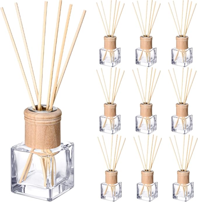 Roshtia 10 Set Reed Diffuser Bottles 50ml Glass Wooden Caps Rattan Sticks | Empty Refillable DIY Oils, Mini Square Jars Bulk, Ideal Home Office Aromatherapy Gifts, 1.7 Oz Fragrance Container