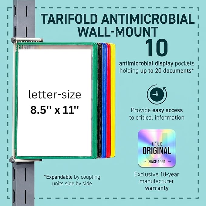 Tarifold Wall Mount Reference System, 10 Pockets, Assorted | 10 double-sided PVC pockets hold 20 letter-size sheets, sturdy wall-mount bracket, snap-on index tabs, easy to install
