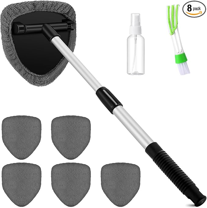 Potchen 8pcs Car Windshield Cleaner Tool with Extendable Handle, Grey | with Microfiber Towel Pads, Brush, Empty Spray Bottle, Car Window Cleaner for Auto Glass Wiper Suvs Rvs & Home Windows