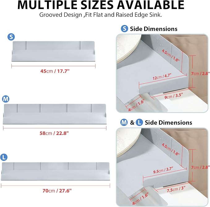 Full-Coverage Sink Splash Guard – 17.7 Inch Extra-High Ramp with Super Strong Suction Cups, Silicone Sink Splash Guard with Front-Edge Storage for Kitchen (Grey, 17.7''x4.7''x2.8')
