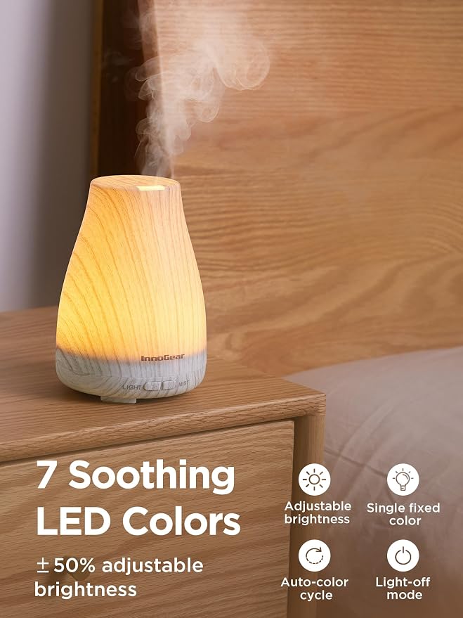 InnoGear Essential Oil Diffuser Ultrasonic Diffusers for Home, White Grey | Cool Mist Humidifier, Aromatherapy, Large Room, Run up to 8hrs, Waterless Auto Off, 7 Lights, Living Room, Quiet Operation