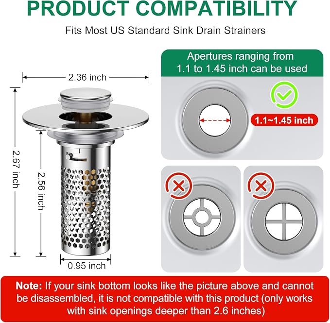Bathroom Sink Drain Strainer,Universal Pop-Up Sink Stopper Hair Catcher, Anti-Clog Stainless Steel Drain Filter Basket, Removable Sink Drain for Bathroom Sink Stopper (Ysilver-2（with Buckle）)