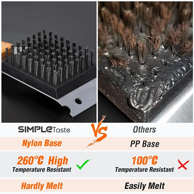 SIMPLETASTE Grill Brush and Scraper for BBQ | Durable & Effective, Replaceable Stainless Steel Head, Wooden Handle Wire Grill Brush, Outdoor Barbecue Accessory