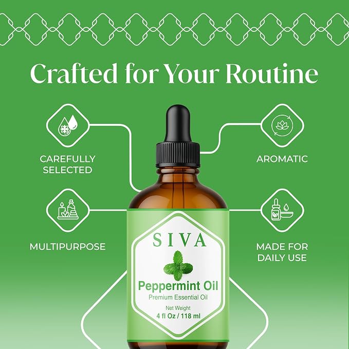 Siva Peppermint Essential Oil, Glass Bottle with Dropper, 4 Fl Oz (118 ml) | Peppermint Oil for Diffuser, Humidifier, Skin Care, Hair Care, Scalp Care, Body Massage, Soap Making, Blending & DIY Projects