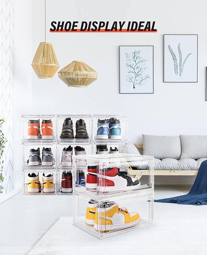 KDOR Shoe Boxes Clear Plastic Stackable 3 Pack Shoe Storage for Sneakerheads, Shoe Display Case Magnetic Door, Strong and Block of UV Protect your Shoes