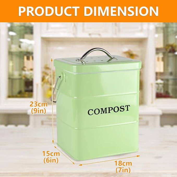 Compost Bin Kitchen Countertop Indoor Compost Pail Bucket, Great for Food Scraps, Carbon Steel, Handles, Green, 1 Gallon - Includes Charcoal Filter