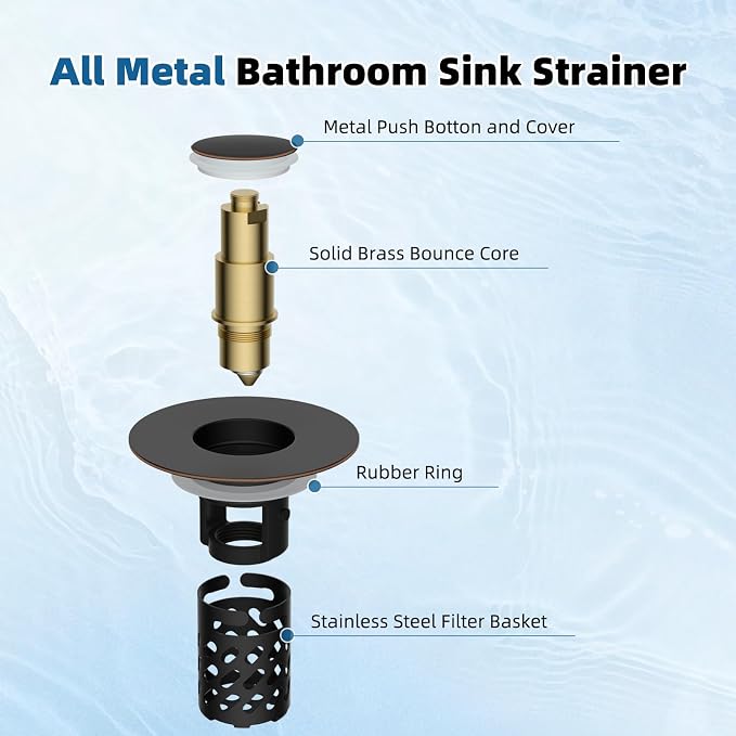 iFealClear All Metal Bathroom Sink Stopper, Pop Up Sink Drain Strainer with Removable Stainless Steel Filter Basket, Universal for 1.1"-2.36" Sink, Brass Bounce Core, Hair Catcher, Oil Rubbed Bronze