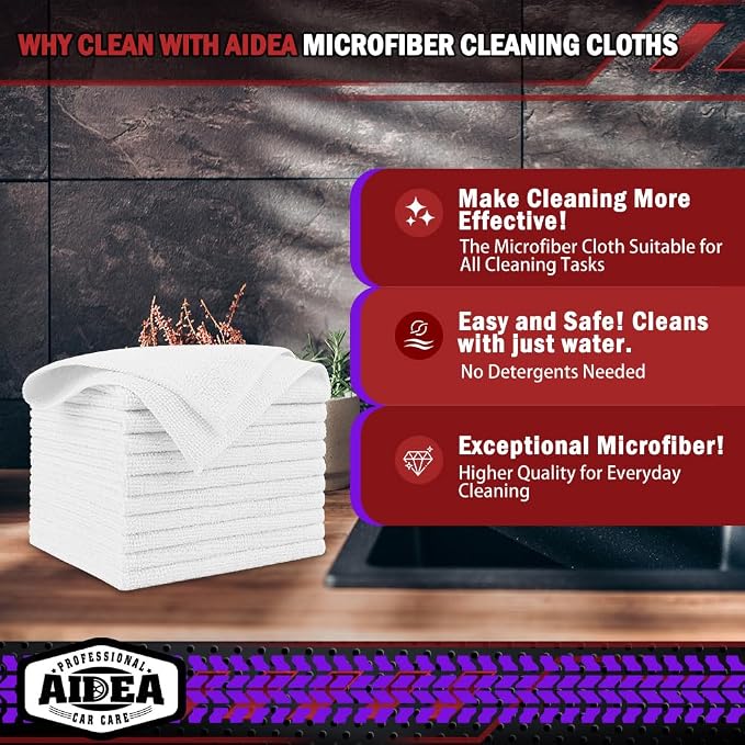 AIDEA Microfiber Cleaning Cloth White 5PK, Microfiber Towels for Cars, Premium Car Cloths, Dusting Cloth Lint Free Cleaning Rags for SUVs, House, Kitchen, Window, Workshops,12×12"