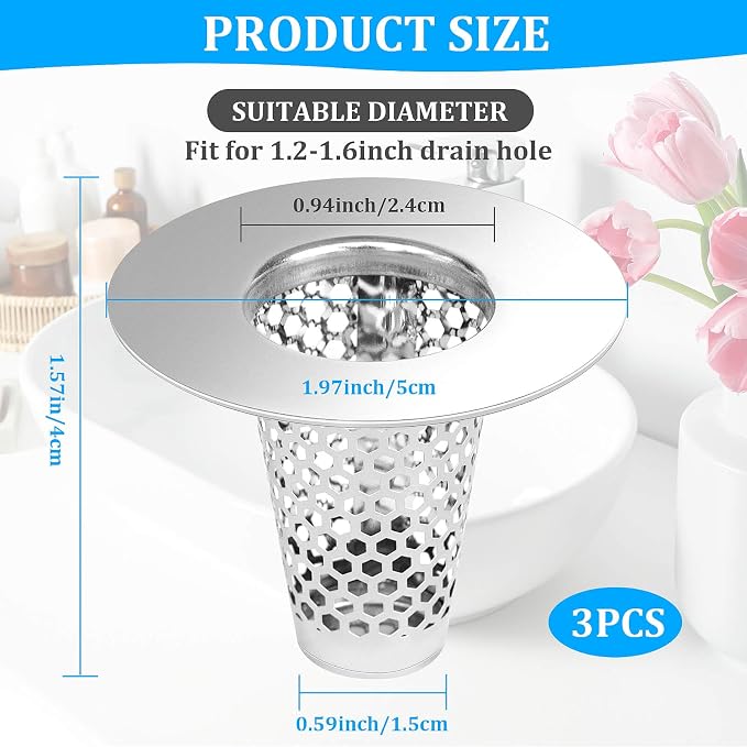 Dayker 3PCS Bathroom Sink Drain Strainers, Stainless Steel Hair Catcher, Cone Shaped Floor Drain Replacement Fit Hole Size 1.2"-1.6", for Laundry Floor Drain, Bathtub, Kitchen Slop Basket Filter Trap
