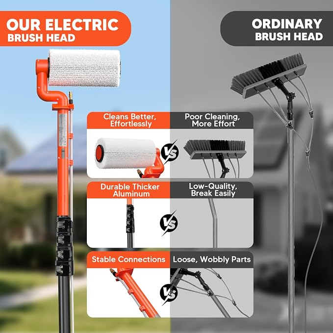 Electric Solar Panel Cleaning Kit, 20FT Telescoping Water Fed Brush | 2 spin speeds and up to 2 hours of runtime for solar panels, high windows, roofs, RVs, boats, and outdoor surfaces.