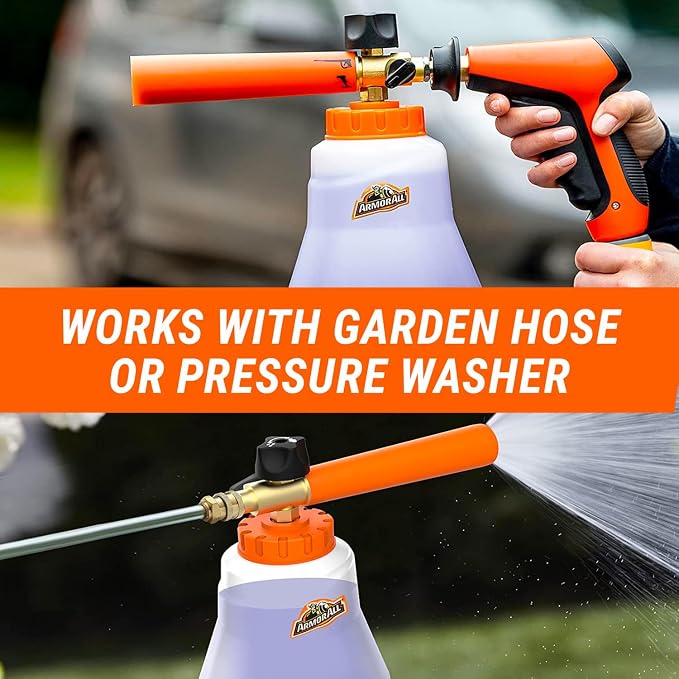 Armor All 2-in-1 Foam Cannon Kit for Garden Hoses and Power Washers | 3-piece car washing kit with 40-ounce reservoir, marked fill lines, and compatibility with 500 to 3,500 PSI units
