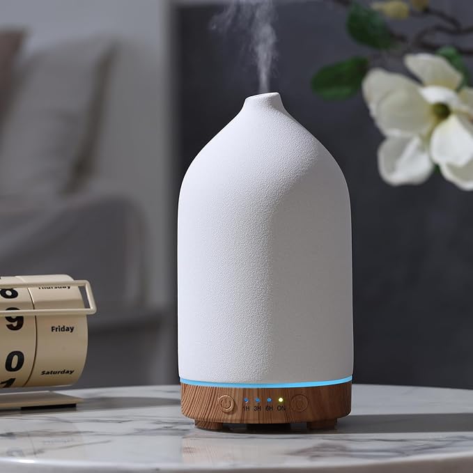 200ML Ceramic Essential Oil Diffuser for Home, Stone Diffuser | Ultrasonic Aromatherapy Diffuser & Air Humidifier for Bedroom, Office, Yoga, 7 LED Lights, Auto Shut-Off, 3 Timers,Wood Grain