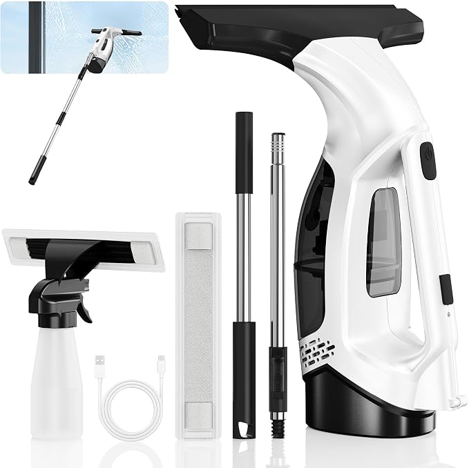 Window Vacuum Squeegee with Extendable Pole 31-40", 2000Pa Electric Window Cleaning Tool with 2200mAh and 150ml Dirty Water Tank, Long Handle Squeegee for Shower Glass, Window Cleaning