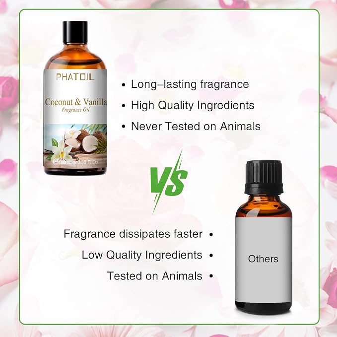 PHATOIL Coconut & Vanilla Fragrance Oil for Diffuser Aromatherapy 3.38FL.OZ | Long Lasting Scented Oils For Humidifier, Air Freshener, DIY Soap Candle, Scent Project Making, Aroma Oil for Home Freshening