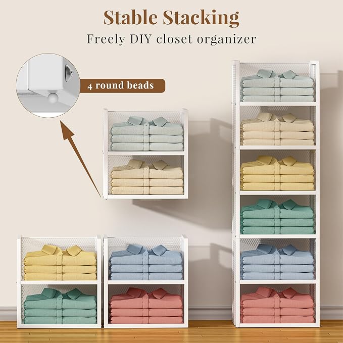 DAOUTIME 6-Tier Stackable Closet Organizers and Storage Basket, Wire Closet Shelf Organizer, Sweater Storage Oragnizer Bins, Multifunctional Clothes Storage Drawer Organizer for Wardrobe, White
