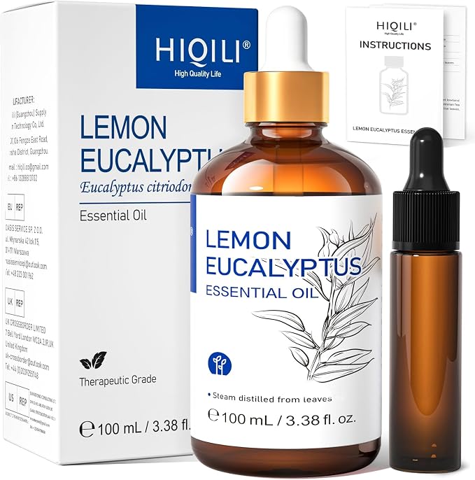 HIQILI Lemon Eucalyptus Essential Oil for Spray, Aromatherapy & Skin Care | Gentle Outdoor Space Protection, Vibrant Fresh Aroma, Multi-Scenario DIY & Home Air Refreshment -100ml / 3.38 fl oz