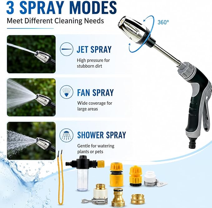 High Pressure Hose Nozzle, Jet Hose Nozzle High Pressure with Soap Dispenser, 3 Spray Modes 360° Rotating Pressure Washer Nozzle, Portable High Pressure Water Sprayer for Garden Hose, Car Patio Yard