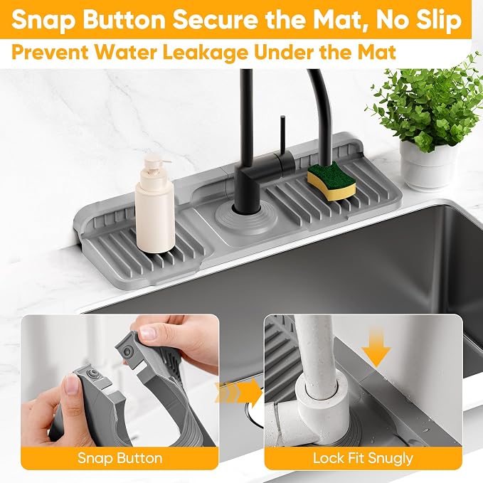 14.6 inch Faucet Mat for Kitchen Sink Splash Guard[7° Slope Fast Self-draining][Snap Lock Fit]Kitchen Sink Faucet Mat Splash Guard Kitchen Sink Area Water Splash Guard Behind Faucet Draining Mat