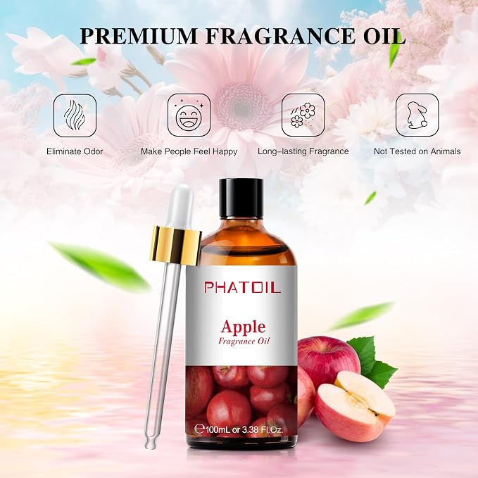 PHATOIL Apple Fragrance Oil for Diffuser Aromatherapy 3.38FL.OZ | Long Lasting Scented Oils For Humidifier, Air Freshener, DIY Soap Candle, Scent Project Making, Aroma Oil for Home Freshening