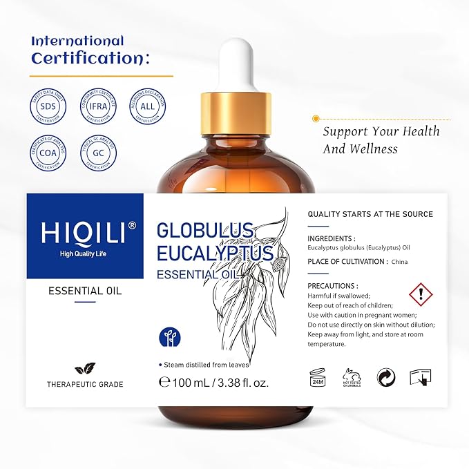 HIQILI Eucalyptus Essential Oil for Diffuser, Aromatherapy & Spray | Essential Oils with Travel Bottle, for Humidifier, Skin, Massage, Home Cleaning, Candle and Soap Making —100ml / 3.38 fl oz