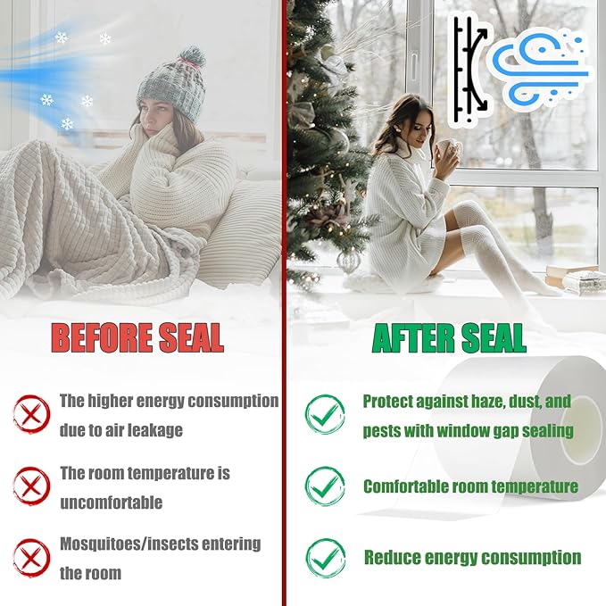Window Weather Sealing Tape 3 in x 105 FT Weather Stripping Weatherproof Draft Stopper Clear Window Insulation Tape for Doors Windows Garages RVs Energy Saving Kit (3 in X 105 FEET)