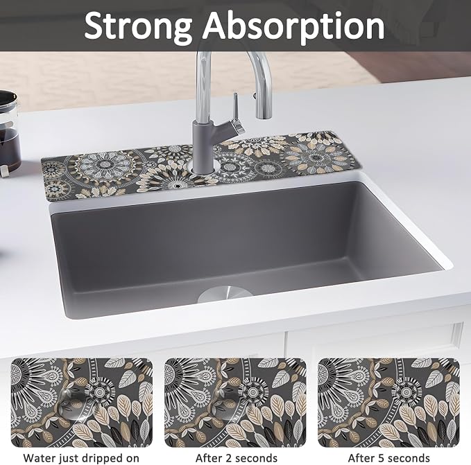 2PCS 24" X 5.5" Kitchen Sink Splash Guard Faucet Mat Mandala Super Absorbent Fast Drying Faucet Guard & Draining Mat Sink Splash Guard Behind Faucet for Kitchen, Bathroom