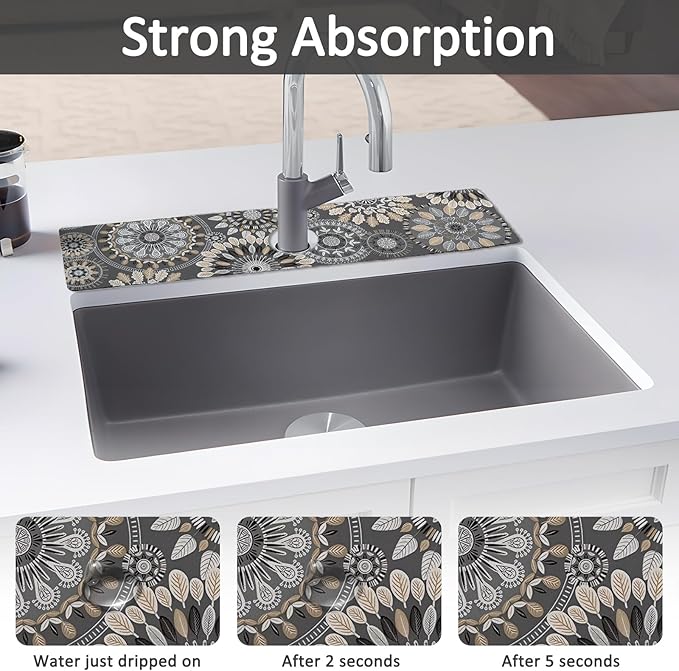 24" X 5.5" Kitchen Sink Splash Guard Faucet Mat Mandala Super Absorbent Fast Drying Faucet Guard & Draining Mat Sink Splash Guard Behind Faucet for Kitchen, Bathroom