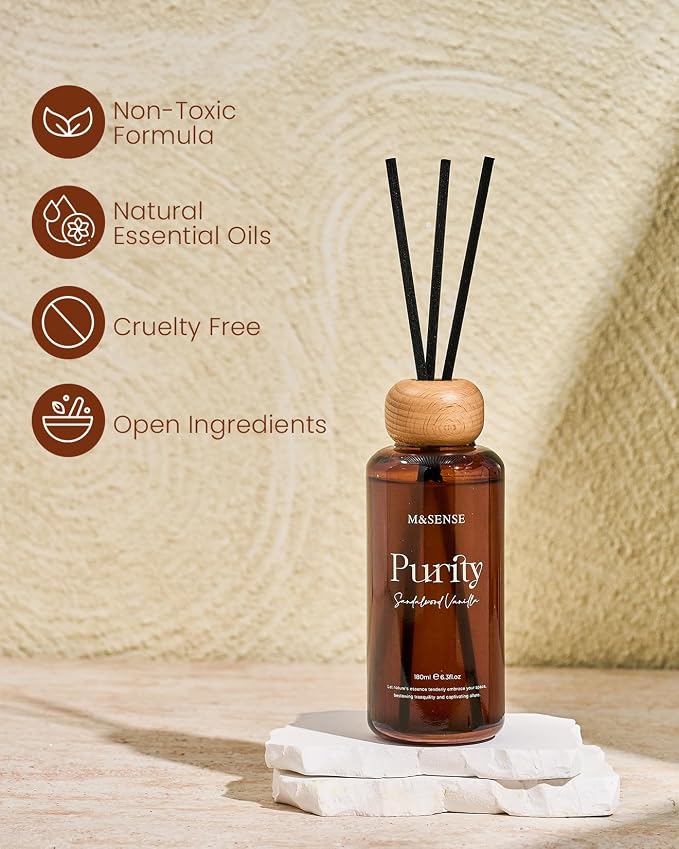 M&SENSE Reed Diffuser, Sandalwood Vanilla, 6.3 oz Natural Essential Oil | Non-Toxic Organic, Long-Lasting Fragrance, Ideal for Meditation Room, Bedroom, Gifts for Women