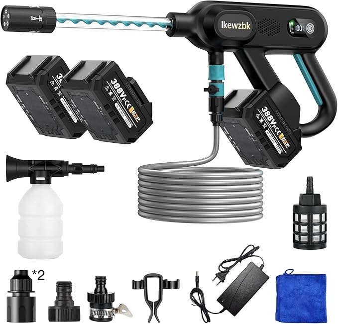 Ikewzbk Cordless Pressure Washer Battery Powered, 1800 MAX PSI | 4 A Battery*2, 5-in-1 Nozzle, 3 Level, Handheld Portable, For Car Home Patio Driveway Fence Cleaning