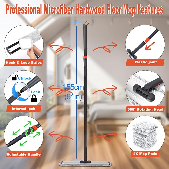 18 in Microfiber Mop Large Wet Flat Mops for Floor Cleaning | 4 Reusable Washable mop Pads Hardwood Cleaning System Wet and Dust Mop with 61in Long Stainless Steel Handle