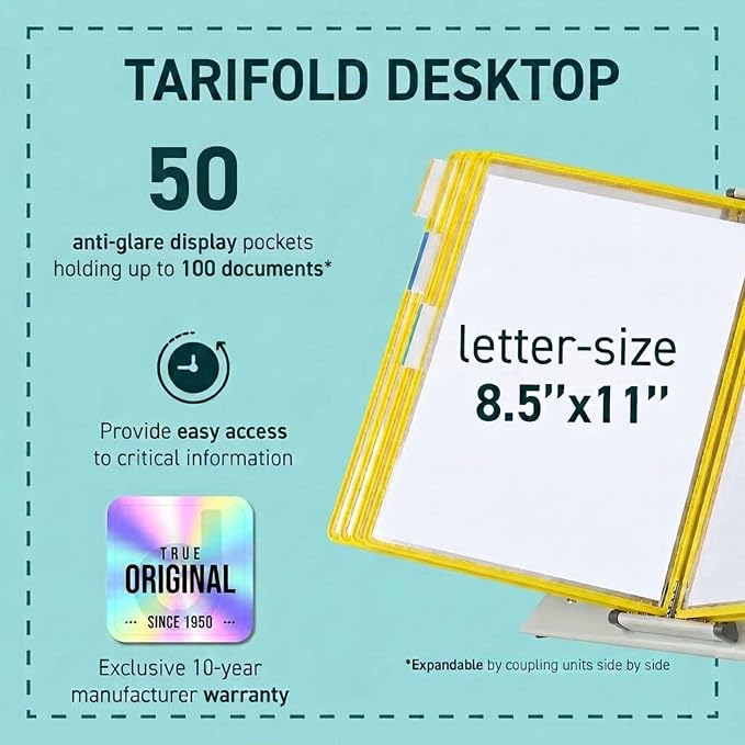 Tarifold Desktop Reference Display System, 50 Pockets, Expandable, Yellow | 50 double-sided PVC pockets, holds 100 letter-size sheets, sturdy metal base, quick-find indexing, quick and easy to assemble