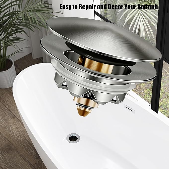 Anlige Bathtub Drain Stopper, Pop Up Tub Stopper and Cover, Bottom with Hair Catcher, Universal for 1.45 in to 1.8 in Drain, Replaces Old Drain Plug, Brushed Nickel