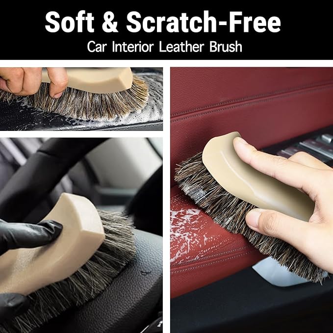 YeewayVeh Long Bristle Horse Hair Brush for Leather, Versatile Leather Cleaning Brush for Car Interior Seat, Carpet, Upholstery, Furniture and Shoes