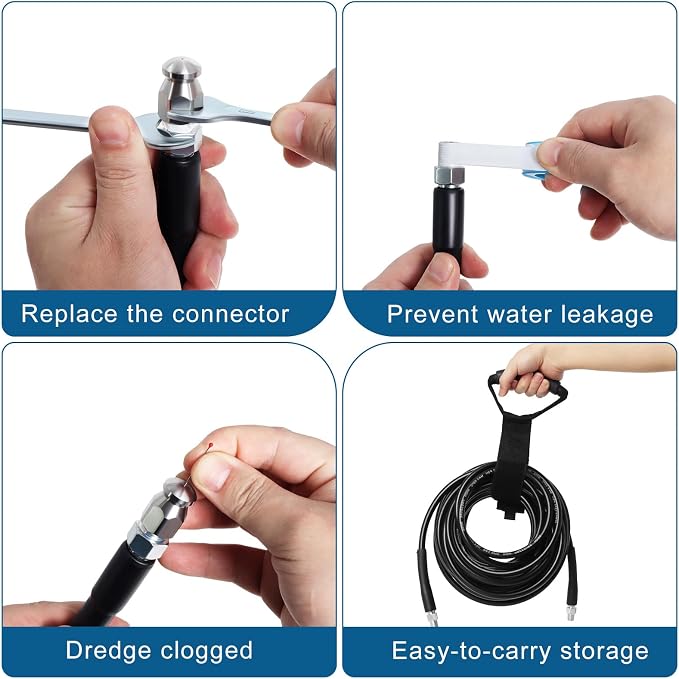 50FT Sewer Jetter Kit for Pressure Washer 5800PSI Drain Cleaner | 1/4" NPT Hose with 4 Jetting Nozzles Handle Strap Waterproof Tape and Spanners for Drain Cleaning