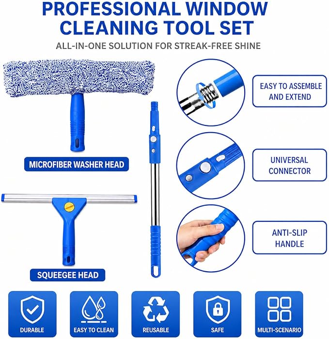 120“Professional Squeegee Window Cleaning Kit with Extension Pole | Streak-Free Silicone Blade,Smooth & Quiet Glide,for Shower Glass Door,Enclosure Cleaning,High Windows