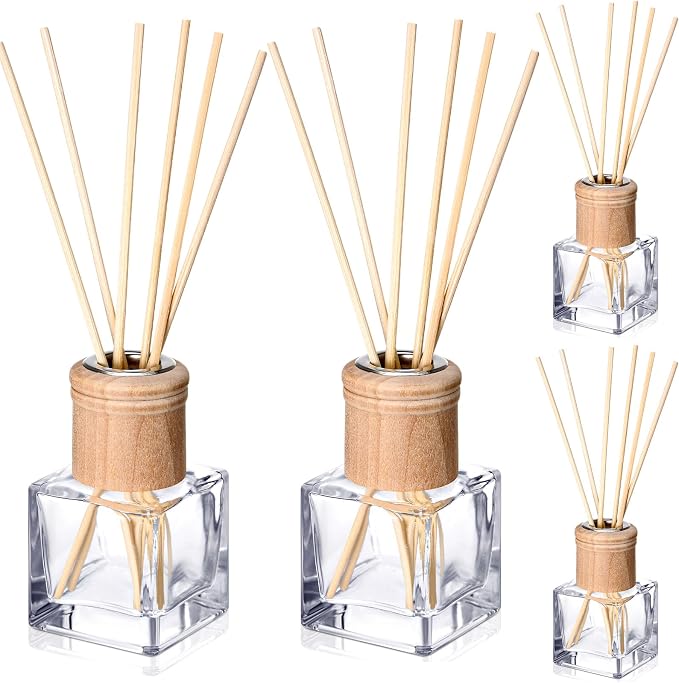 Roshtia 4 Set Reed Diffuser Bottles 50ml Glass Wooden Caps Rattan Sticks | Empty Refillable DIY Oils, Mini Square Jars Bulk, Ideal Home Office Aromatherapy Gifts, 1.7 Oz Fragrance Container