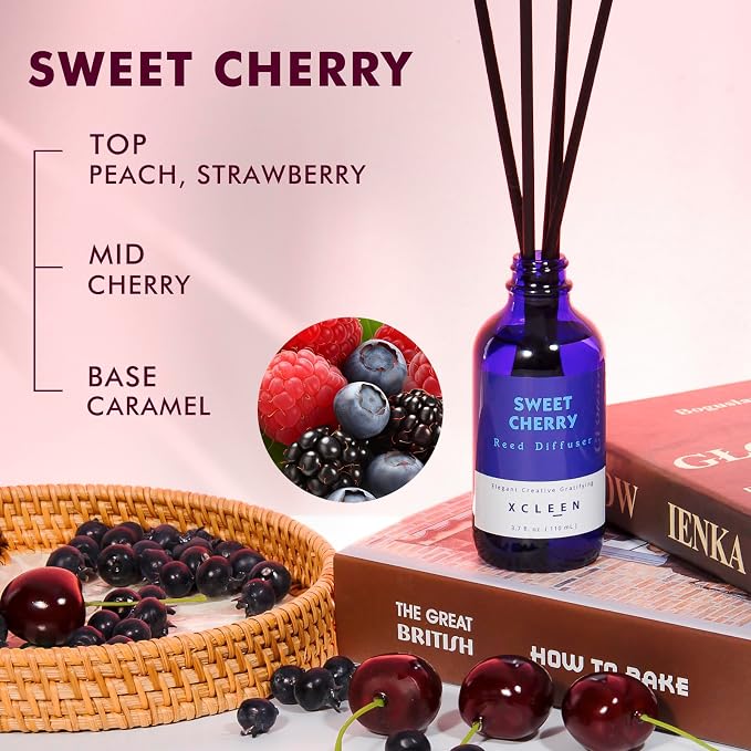 Xcleen Reed Diffuser Set, Sweet Cherry Oil Diffusers with 6 Rattan Sticks, Home Fragrance Reed Diffuser for Home, Bathroom Decor