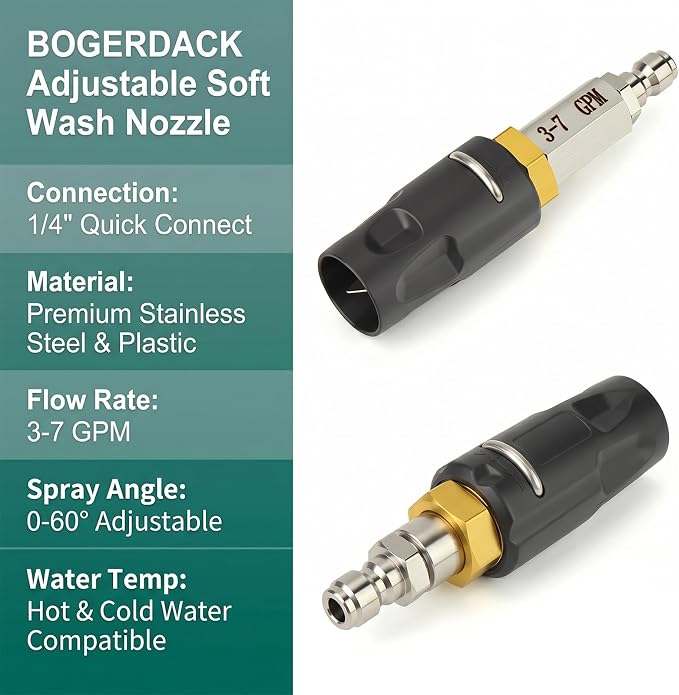 Stainless Steel Adjustable Downstream Soft Wash Nozzle with 1/4" Quick Connect, 0° to 60° Spray Pattern for Pressure Washer 3-7 GPM – for Roofs, Siding, Gutters & Vehicles