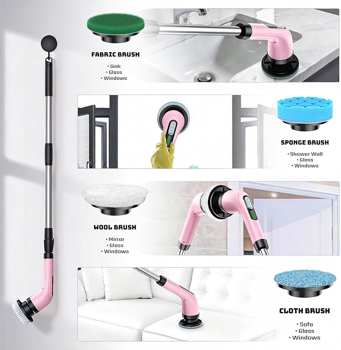 Highyes Electric Spin Scrubber for Bathroom, Upgrated Powerful IPX7 Waterproof Shower Scrubber with Extendable Long Handle A10D (Pink) | IPX7 Waterproof Shower Scrubber with Extendable Long Handle，Bathroom Cleaning Scrubber with 7 Reusable Brush Heads