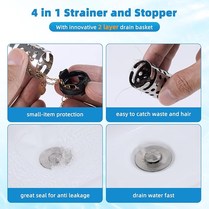 2PCS Universal Bathroom Sink Drain Strainer Hair Catcher, Brushed Nickel | Upgraded with 2-Layer Detachable Filter Basket, 4 in 1 Pop Up Drain Strainer, Anti-Clog, Fit for 1.1''~2.36'' Sinks