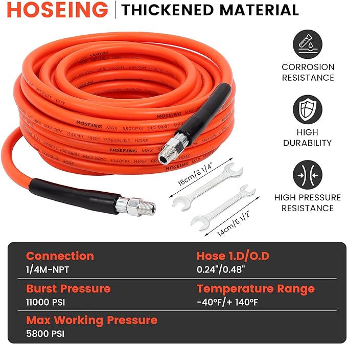150FT Sewer Jetter Kit for Pressure Washer, 5800 PSI Water Jet Drain Cleaner Hose With Corner Rotating Button Nose Nozzle 1/4 Inch NPT, Jetting Nozzles Kit With Spanner Handle Strap