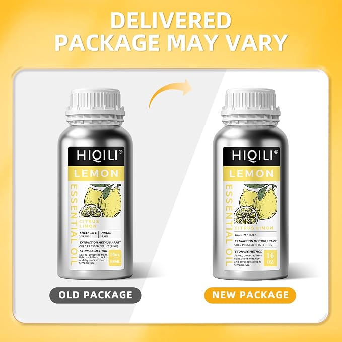 HIQILI Lemon Essential Oil for Cleaning, Skin & Diffuser | Can be added for degreasing, household use and aromatherapy purposes – 473mL / 16 fl.oz