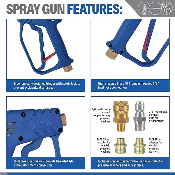 Essential Washer Brass Pressure Washer Gun and Hose Kit | M22 Adaptors | 18" Extension Wand | Nozzle Guard