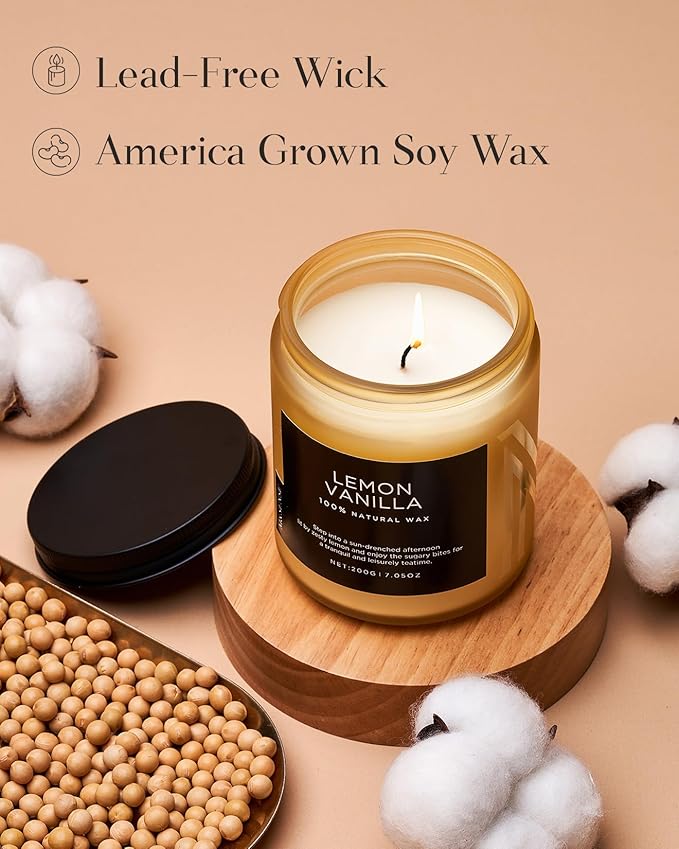 M&SENSE Lemon Vanilla Scented Slow Burning Candles for Home Scented, All Natural Soy Candles 7.05oz 50 Hours Slow Burning in Glass Jar, Stress Relief Gifts for Women and Men