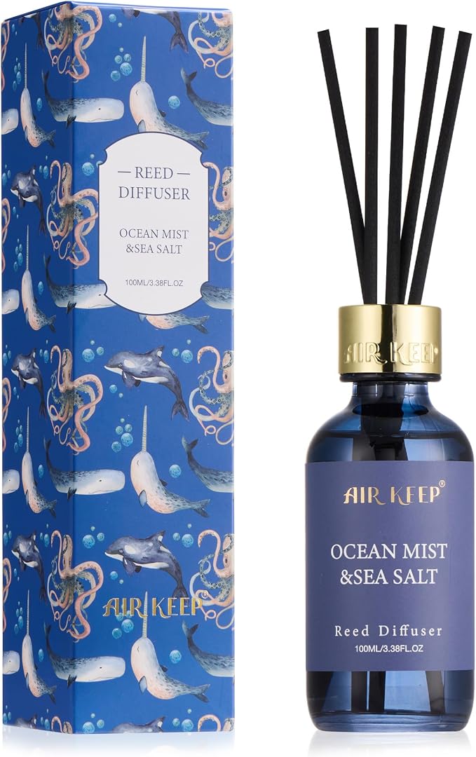 Reed Diffuser Set, 3.38 fl oz (100 ml) - Ocean Mist&Sea Salt Oil Diffusers with 8 Reed Sticks, Home Fragrance Reed Diffuser for Bathroom Shelf Decor