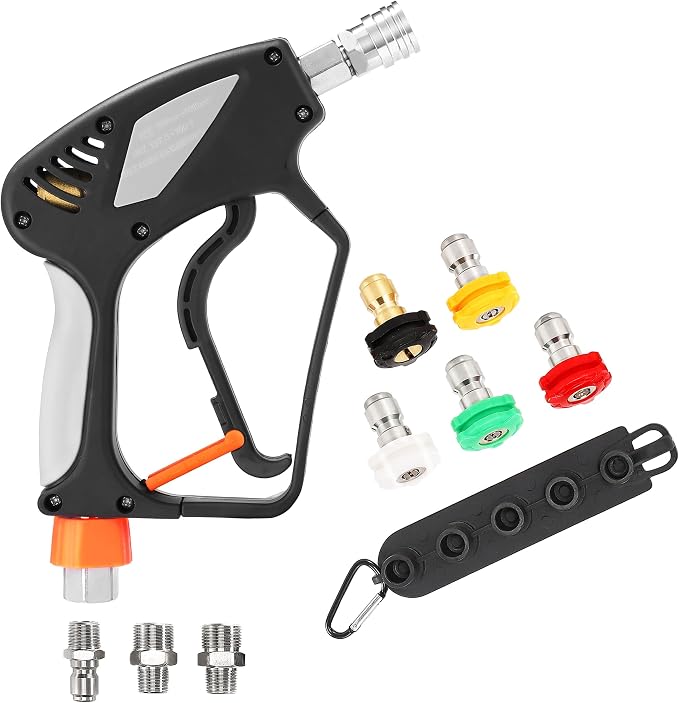 PWACCS Short Pressure Washer Gun with Swivel, 5000 PSI, Black | Power Washer Gun, 3/8" Quick Connector, M22 14mm/15mm Fitting, 5 Nozzle Tips with Holder